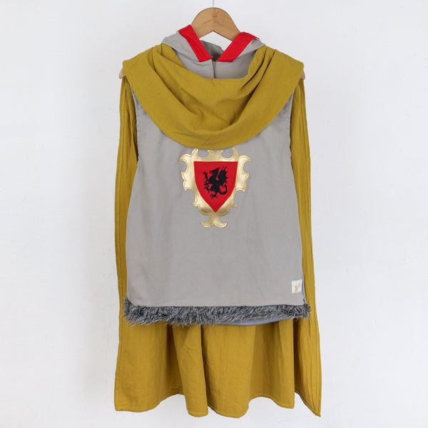 Kids knight costume, mustard hooded cape and grey tunic with dragon crest, ages 5-7 and 8-10