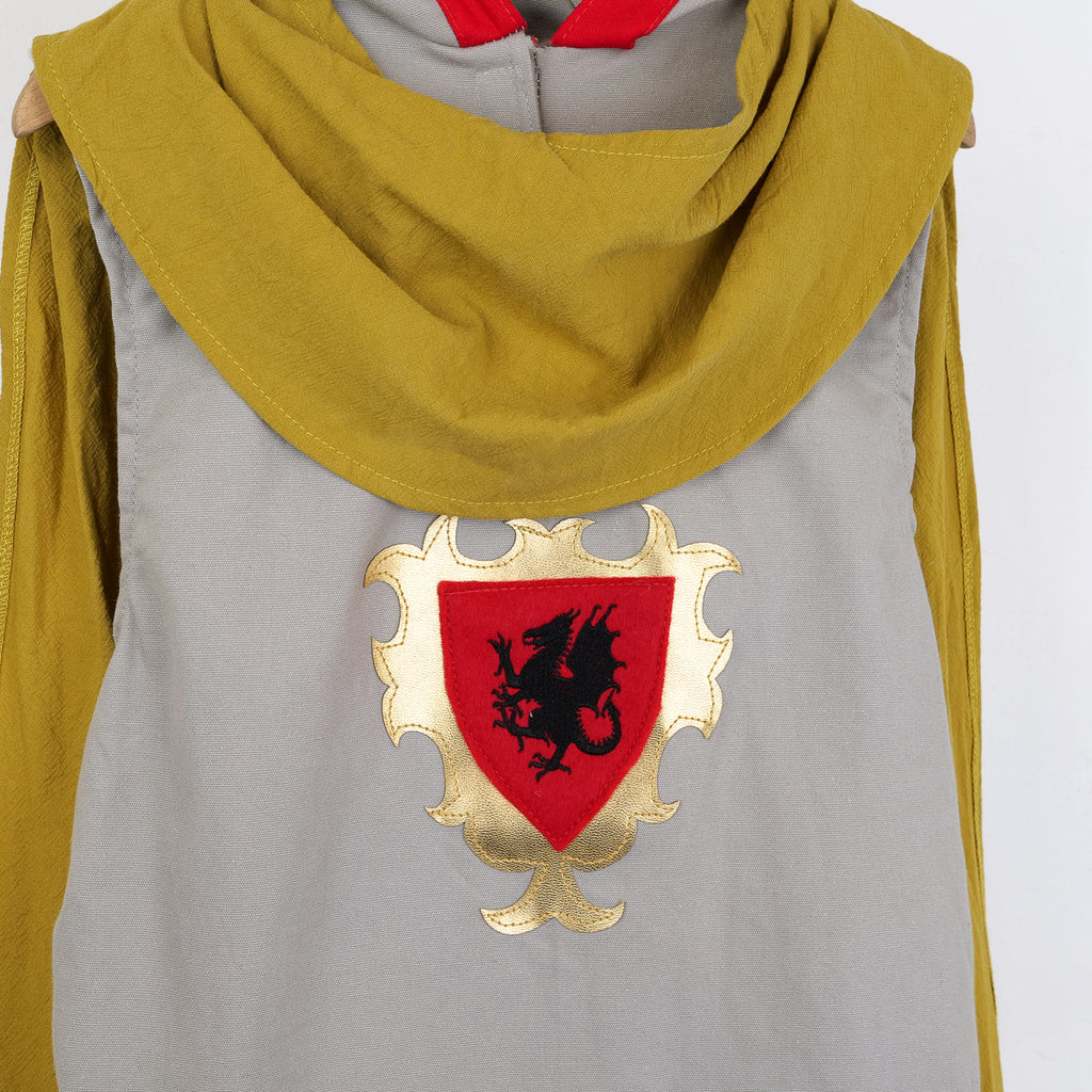 Children's knight tabard with red and gold crest and black dragon, dress-up costume ages 5-7, 8-10