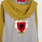 Children's knight tabard with red and gold crest and black dragon, dress-up costume ages 5-7, 8-10