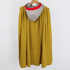 Knight fancy dress for kids, long ochre cape with grey hood and red trim, ages 5-7 and 8-10