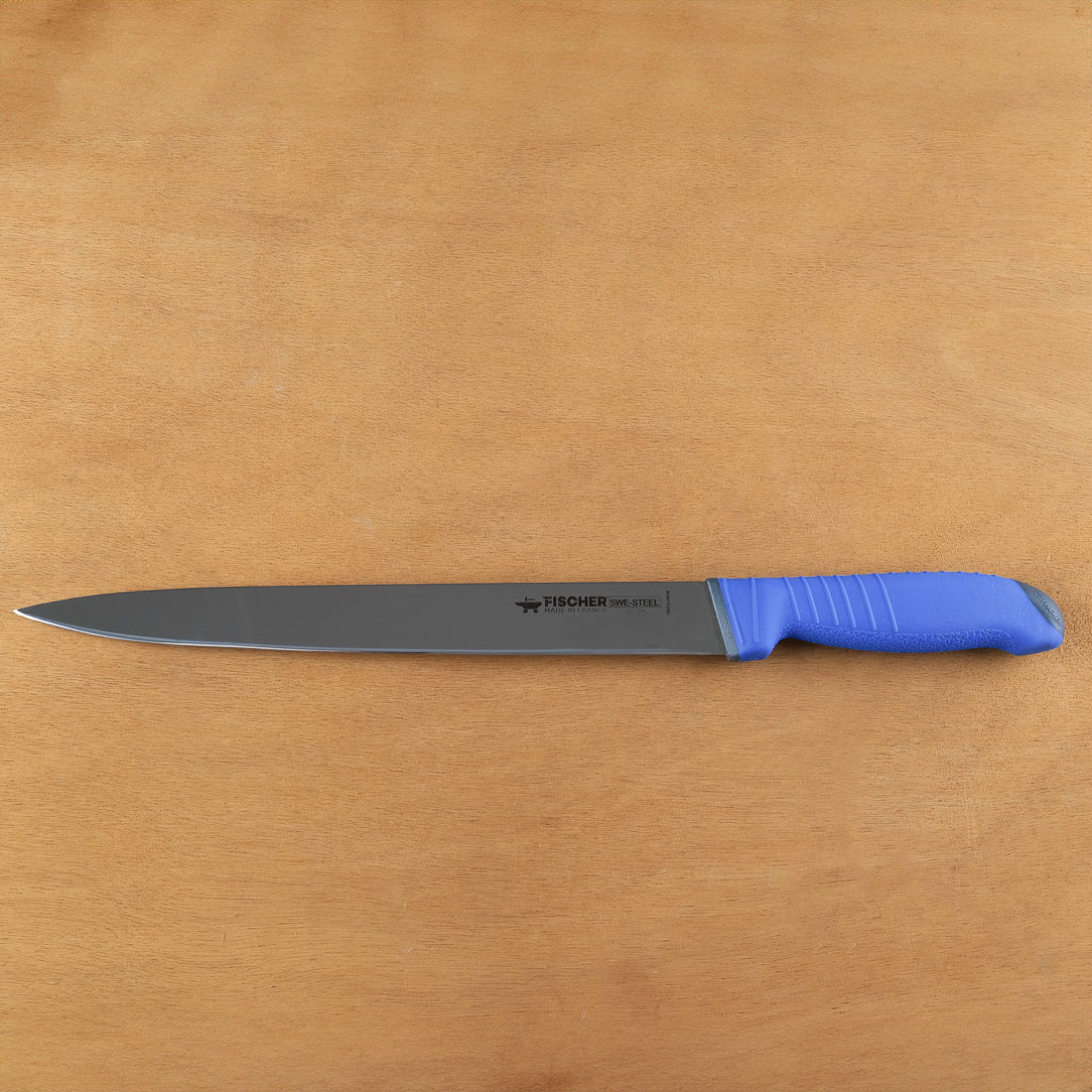 Fischer-Bargoin Swe-steel butcher knife, Swedish stainless blade, blue polypropylene handle, lifetime guarantee, made in France
