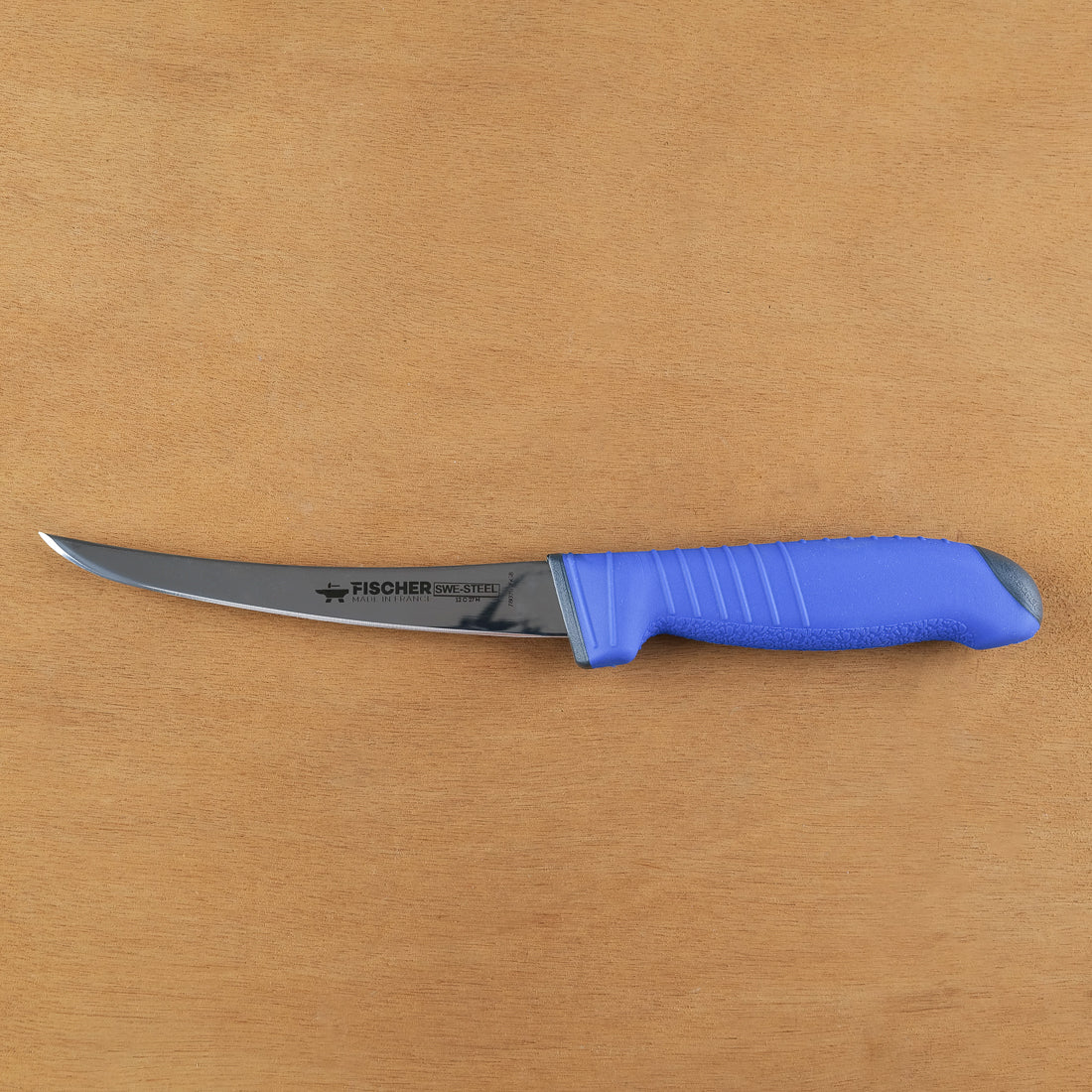 Fischer-Bargoin Swe-steel curved boning knife, stainless blade, blue polypropylene handle, made in France, lifetime guarantee