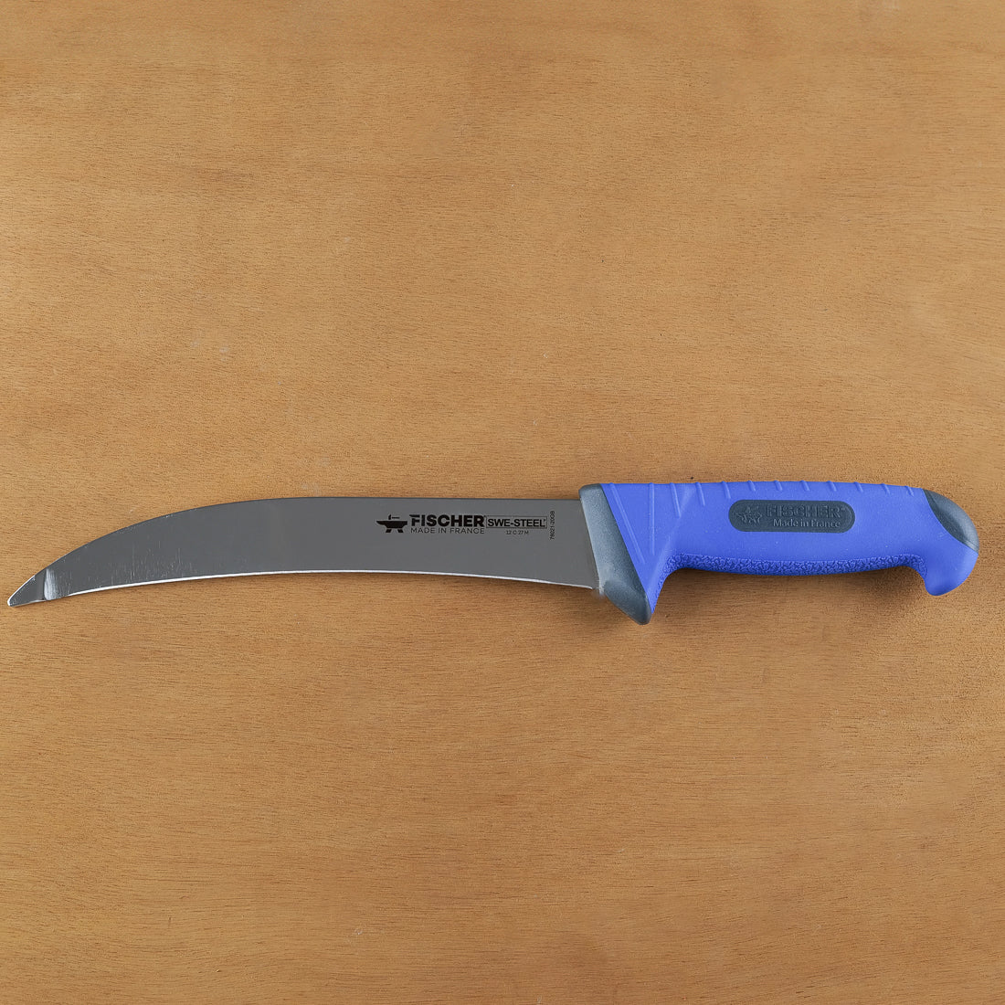 Fischer-Bargoin Swe-steel professional butcher knife, curved stainless blade, blue polypropylene handle, Thiers cutlery, made in France