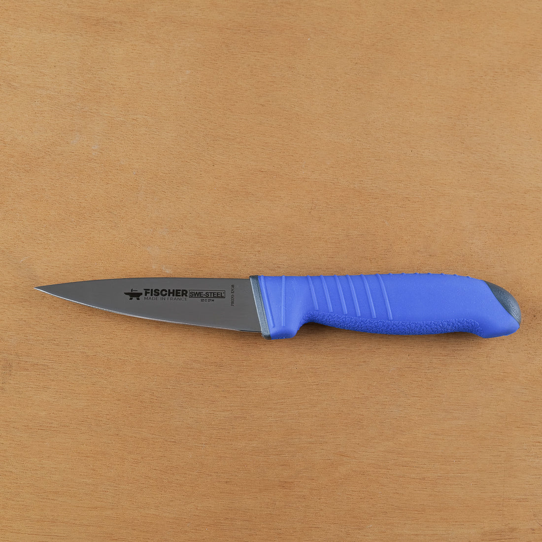 Fischer-Bargoin Swe-steel slicing knife, stainless blade, non-slip blue polypropylene handle, made in France, lifetime guarantee
