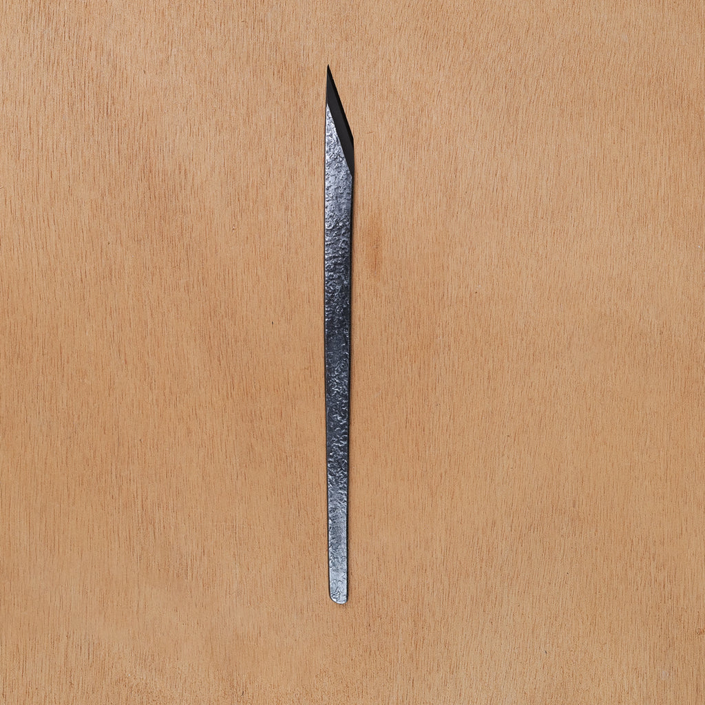 Takagi Tsuchime forged kiridashi knife, tapered asymmetric tip for accurate marking, Japanese handcraft