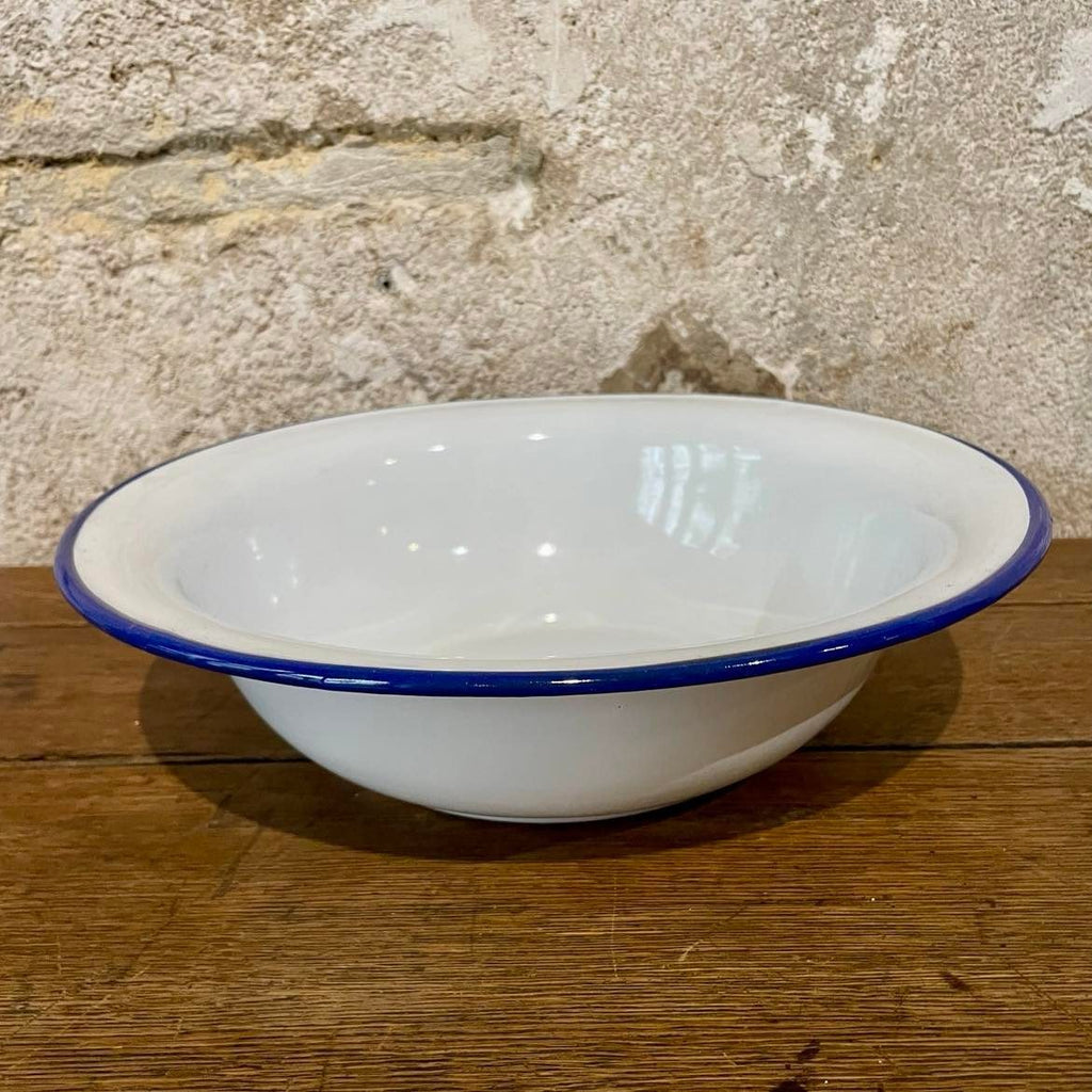 White enamel bowl with blue border