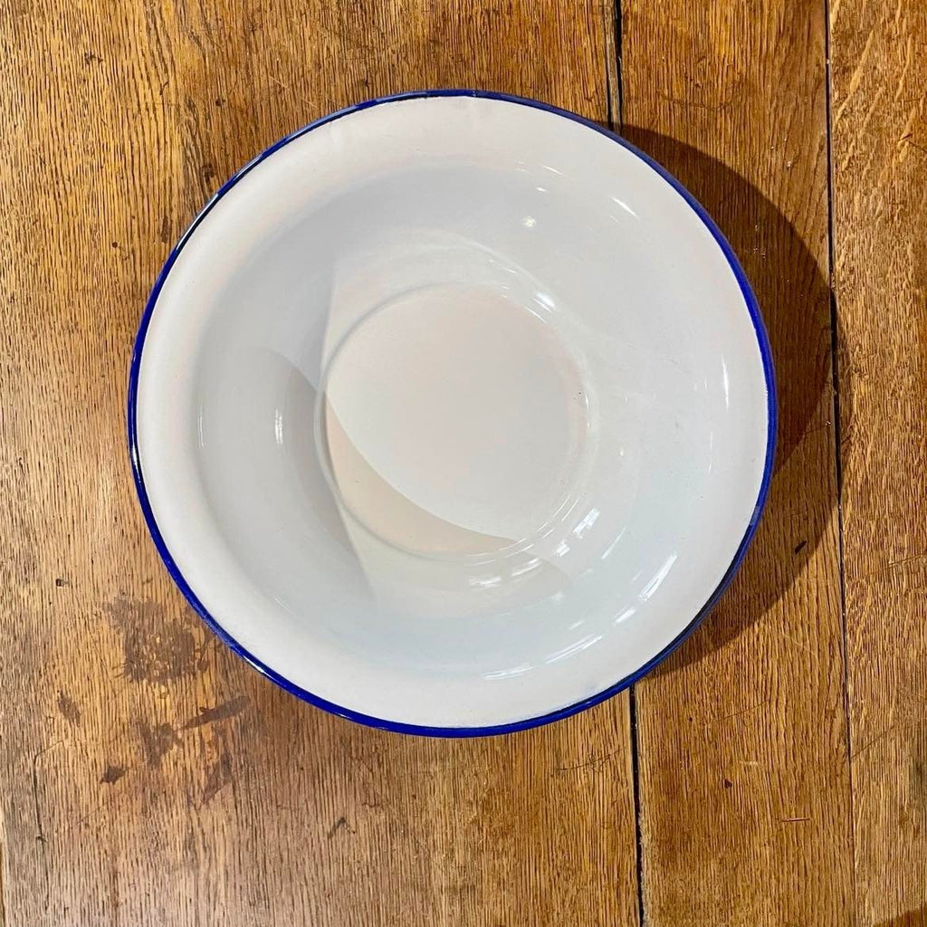 White enamel bowl with blue border