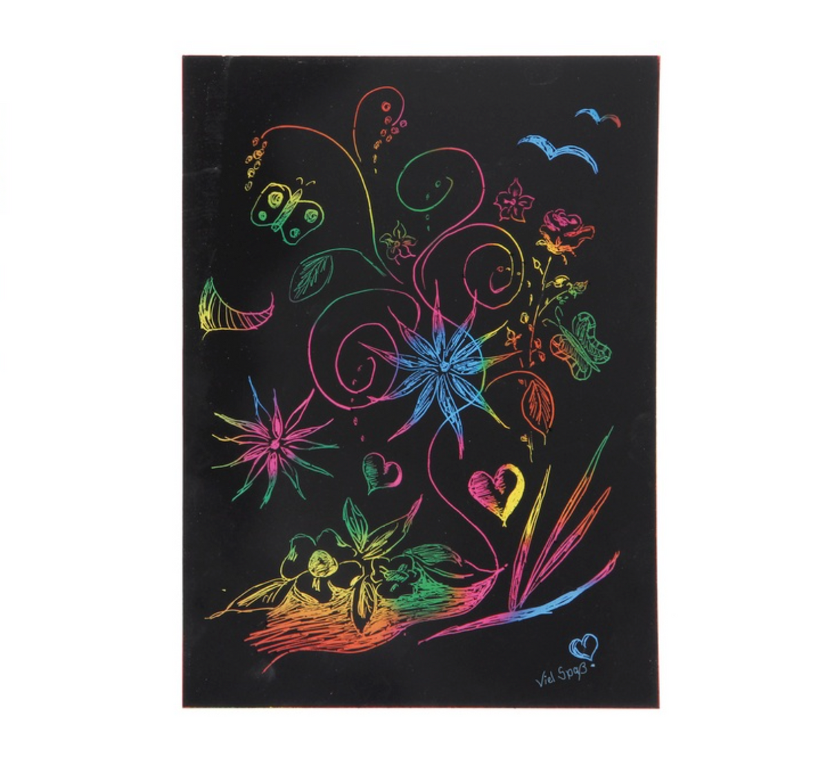 Dessin à gratter 19 x 26 cm, jeu créatif aux couleurs arc-en-ciel avec motifs de fleurs, papillons et cœurs