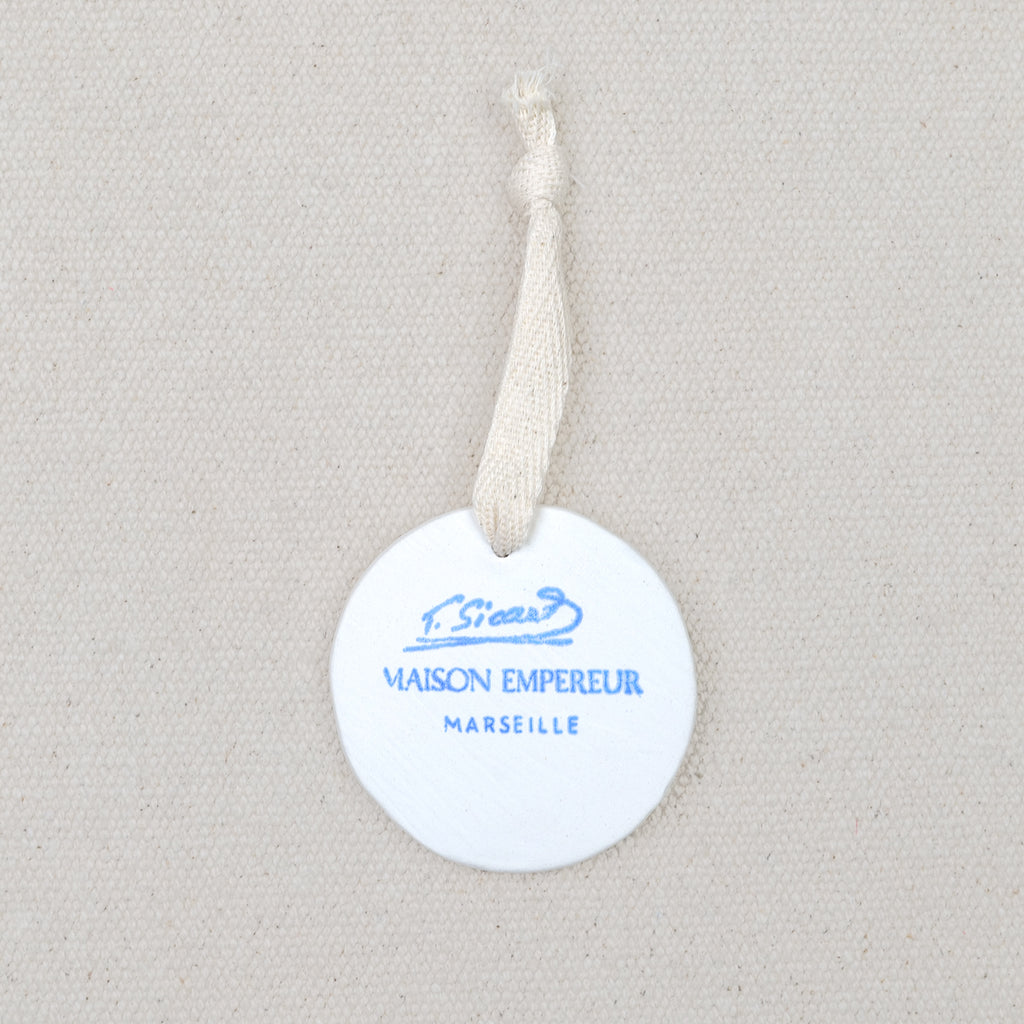 Revers du médaillon diffuseur en faïence Louis Sicard Maison Empereur Marseille, biscuit provençal fait main 5,5 cm