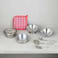 Dînette en métal inox 9 pièces pour enfant dès 3 ans, batterie de cuisine avec manique à carreaux rouges