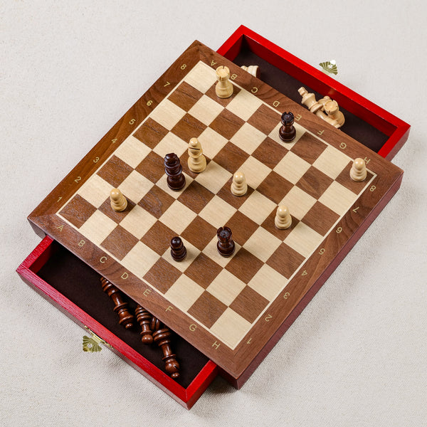 Jeu d'échecs magnétique en bois 25x25 cm avec tiroirs de rangement pour pièces, échiquier coordonné lettres et chiffres