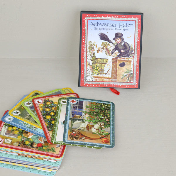 Christmas Old Maid card game, Schwarzer Peter, retro kids' game made in Germany by Coppenrath, slide-out box