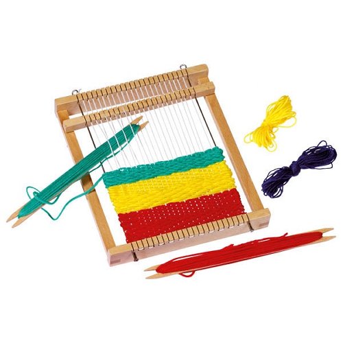 Jouet créatif Métier à tisser en bois 22 x 19 cm pour tissage et tapisserie dès 3 ans, avec bandes jaune, rouge et vert