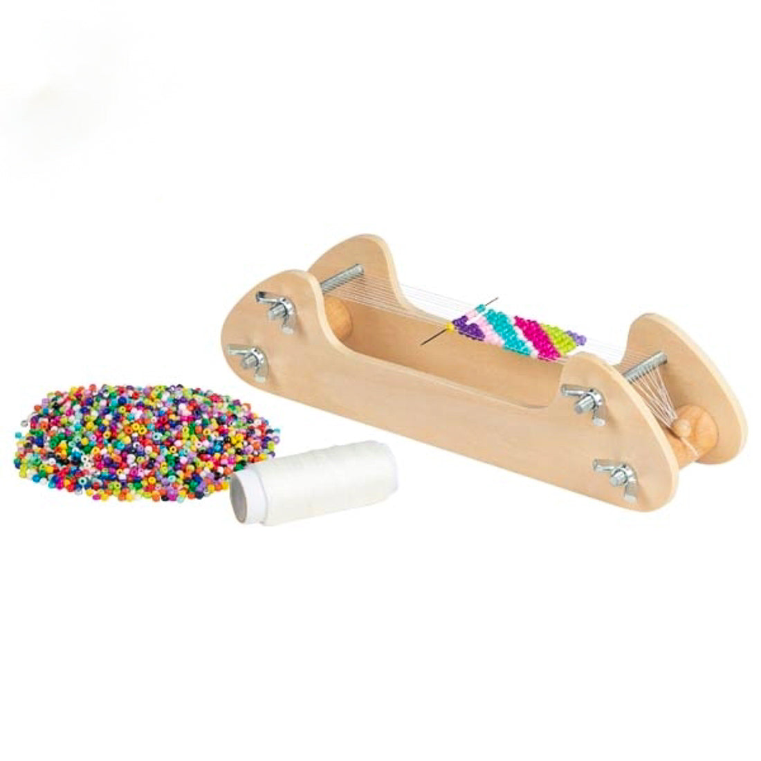 Wooden bead weaving loom with colorful beads and white thread spool, creative gift idea for kids