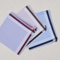 Mouchoir homme en coton 100 % 40 x 40 cm zéro déchet, lot de trois coloris à bordures rayées bordeaux, marron et bleu marine
