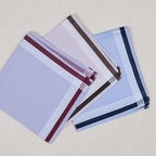 Mouchoir homme en coton 100 % 40 x 40 cm zéro déchet, lot de trois coloris à bordures rayées bordeaux, marron et bleu marine
