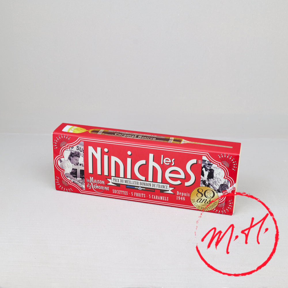 Niniches La Maison Armorine étui 5 fruits 5 caramels 160g édition 80 ans, meilleur bonbon de France, sucette bretonne Quiberon