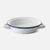White enamel egg dish with blue border