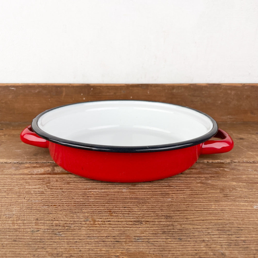 Plat à émaillé blanc et rouge