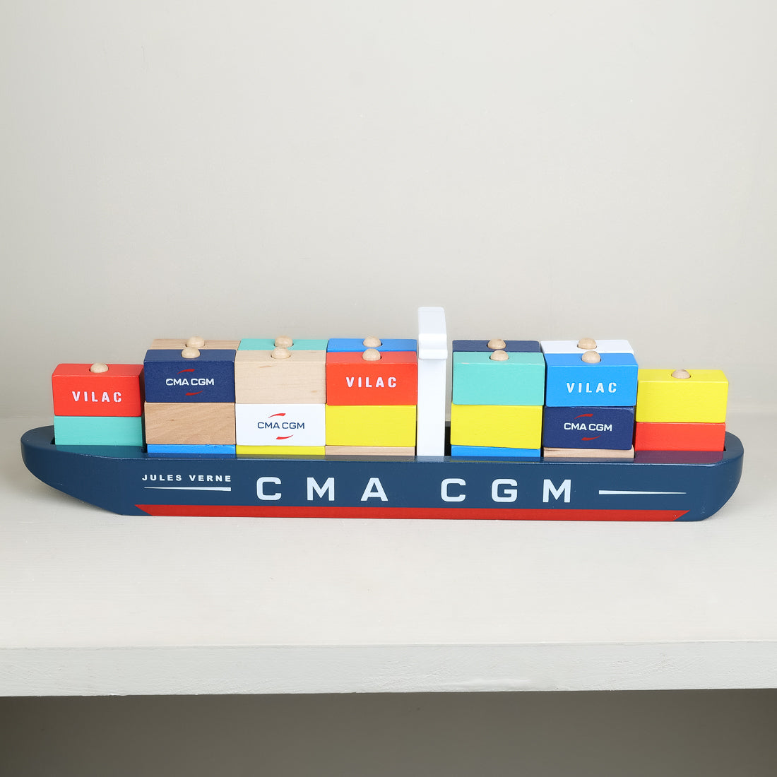 Wooden toy container ship by Vilac, 40 cm (15.7 in), with containers to load and unload, ref. 2315