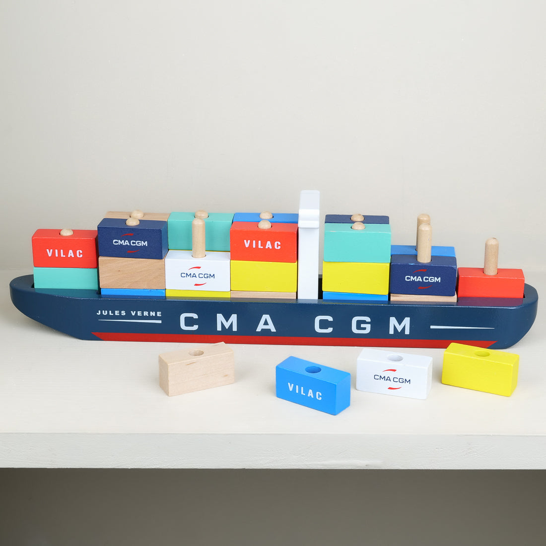 Wooden toy cargo ship with colourful stackable containers and control tower, Vilac, 40 cm (15.7 in)
