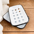 Porte-savon en émail blanc liseré noir