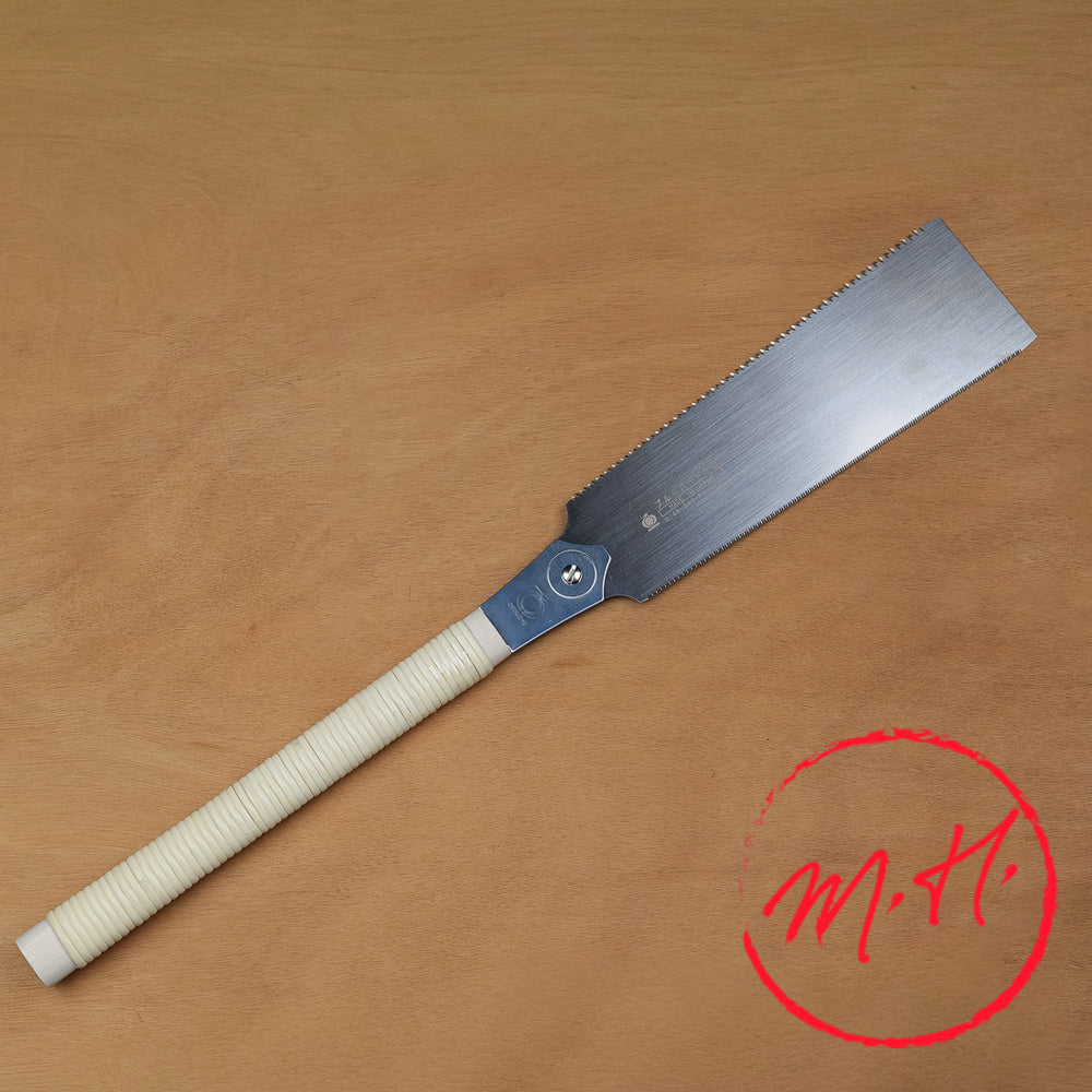 Scie Ryoba japonaise à double denture, lame fine Komame en acier carbone plaqué nickel, manche en bois paulownia et rotin