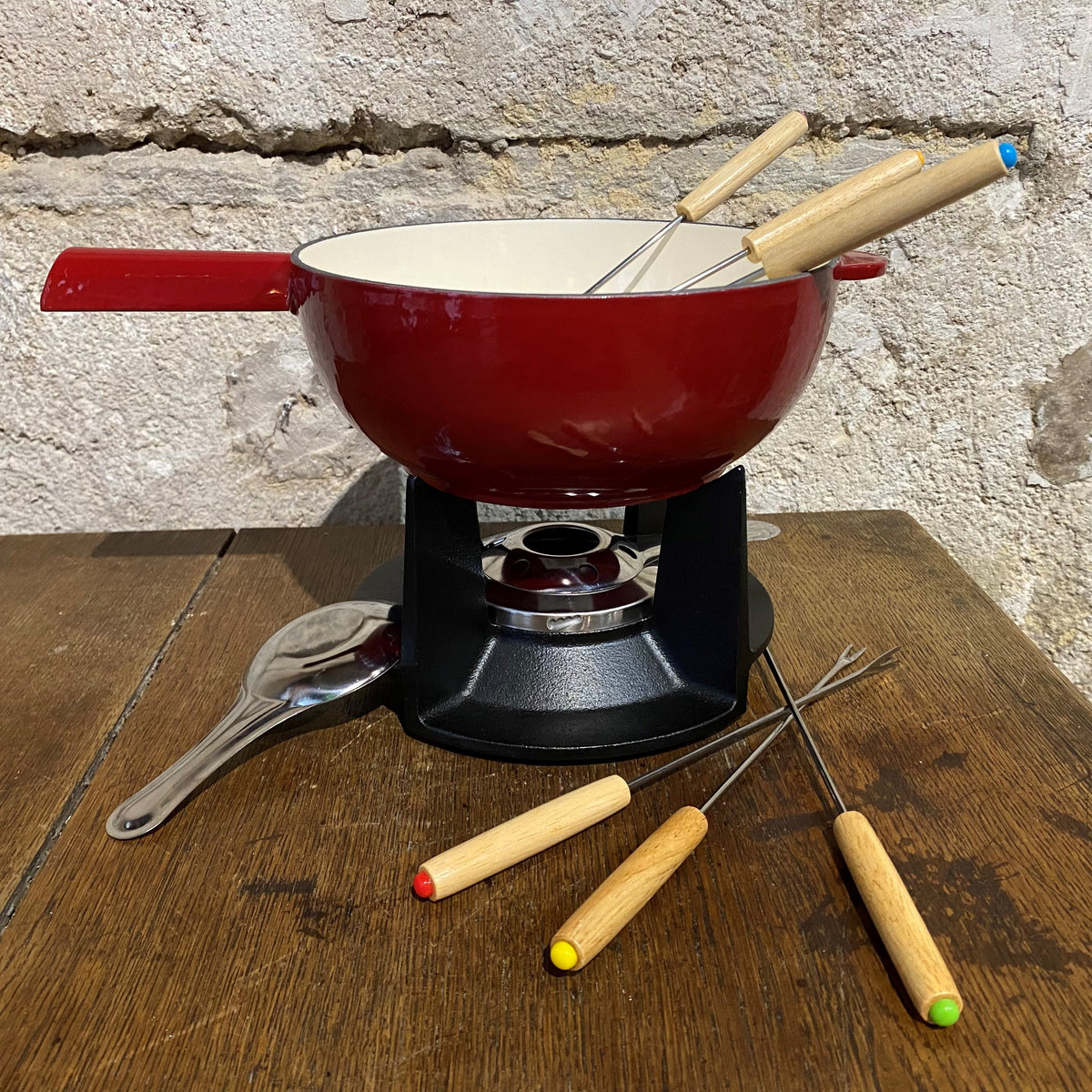 Service à fondue fonte / émail rouge