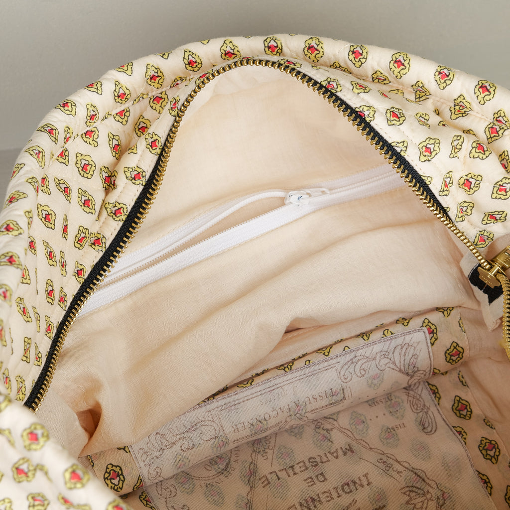 Cotton zip travel pouch for skincare and cosmetics, Provençal print inside