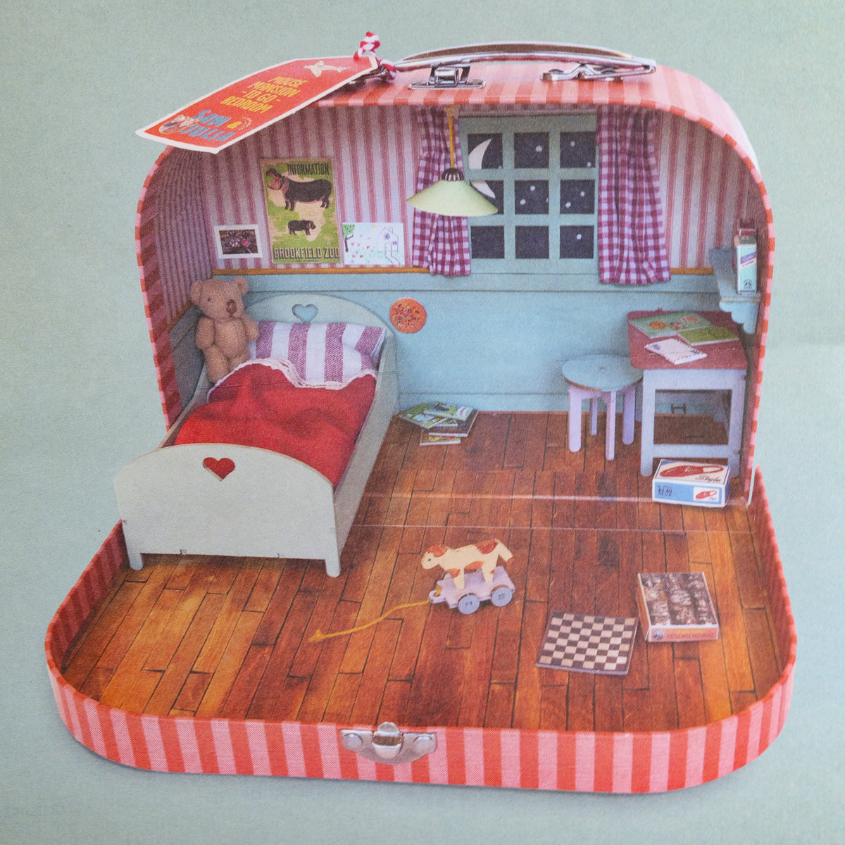 Miniature bedroom craft kit for kids in a cardboard suitcase, build-your-own dollhouse room, ages 4+