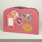 Pink striped cardboard suitcase dollhouse kit with travel stickers, portable kids craft set, ages 4+