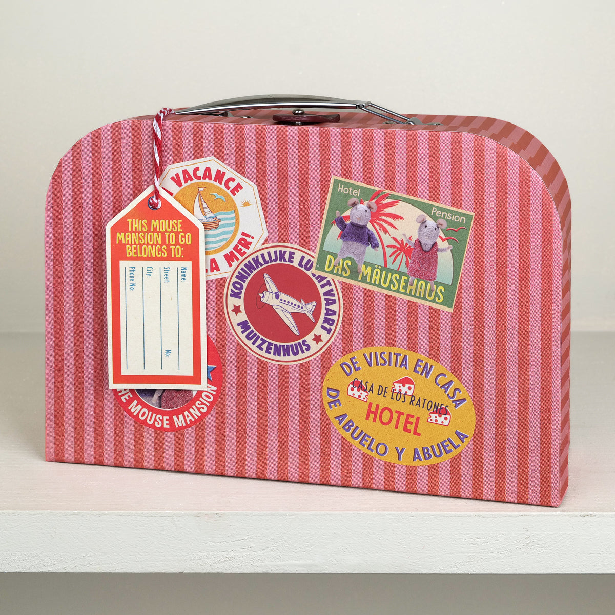 Pink striped cardboard suitcase dollhouse kit with travel stickers, portable kids craft set, ages 4+